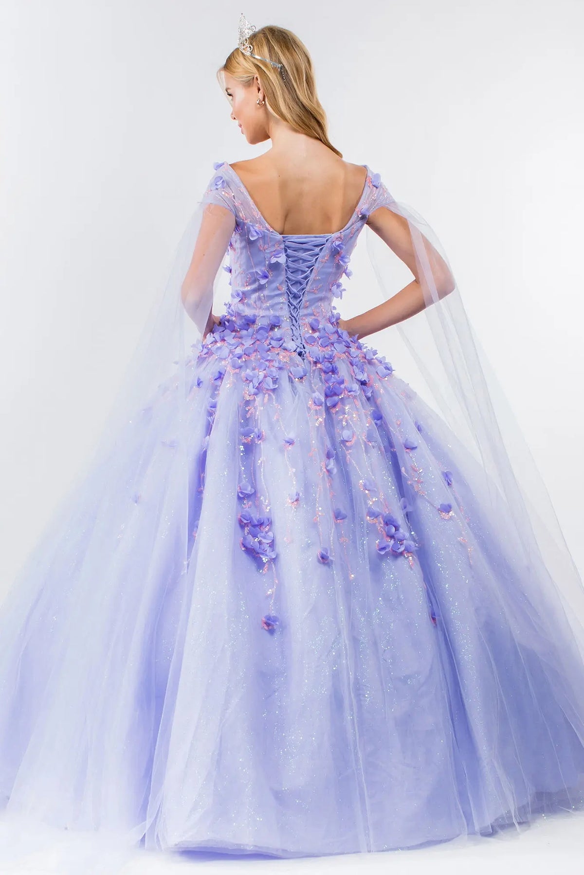 Lace-up back reveals the Lilac quinceañera ball gown with lace-up back and 3d floral appliqués.