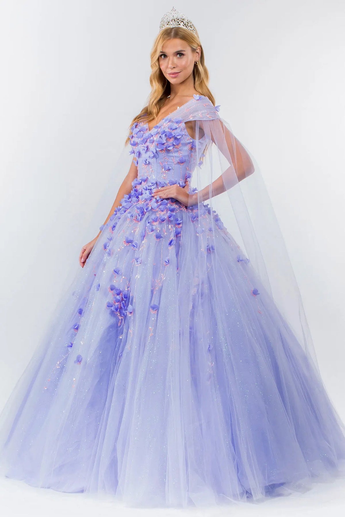 Bodice close-up highlights the Lilac quinceañera ball gown with 3d floral appliqués.