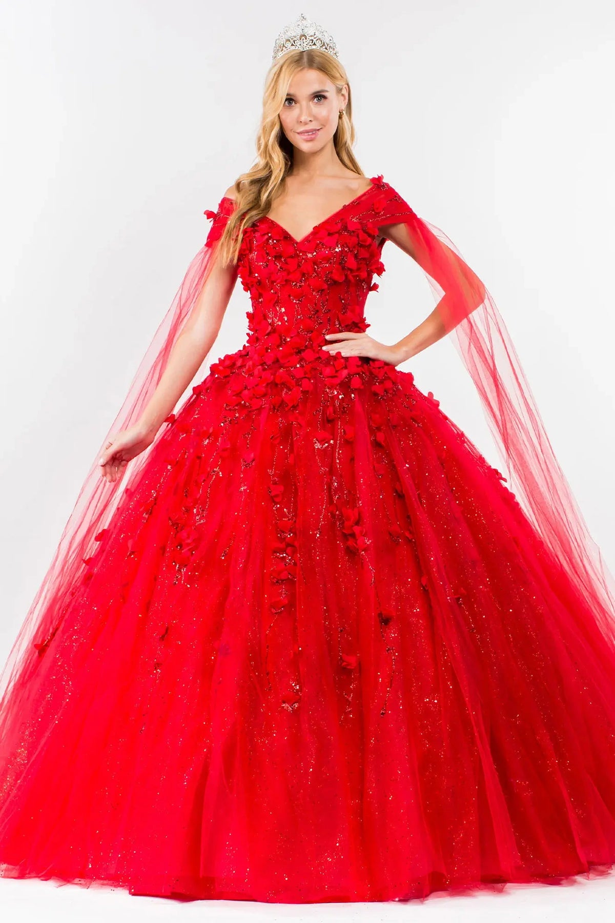 Full-length view presents the Red quinceañera ball gown with detachable cape sleeves.