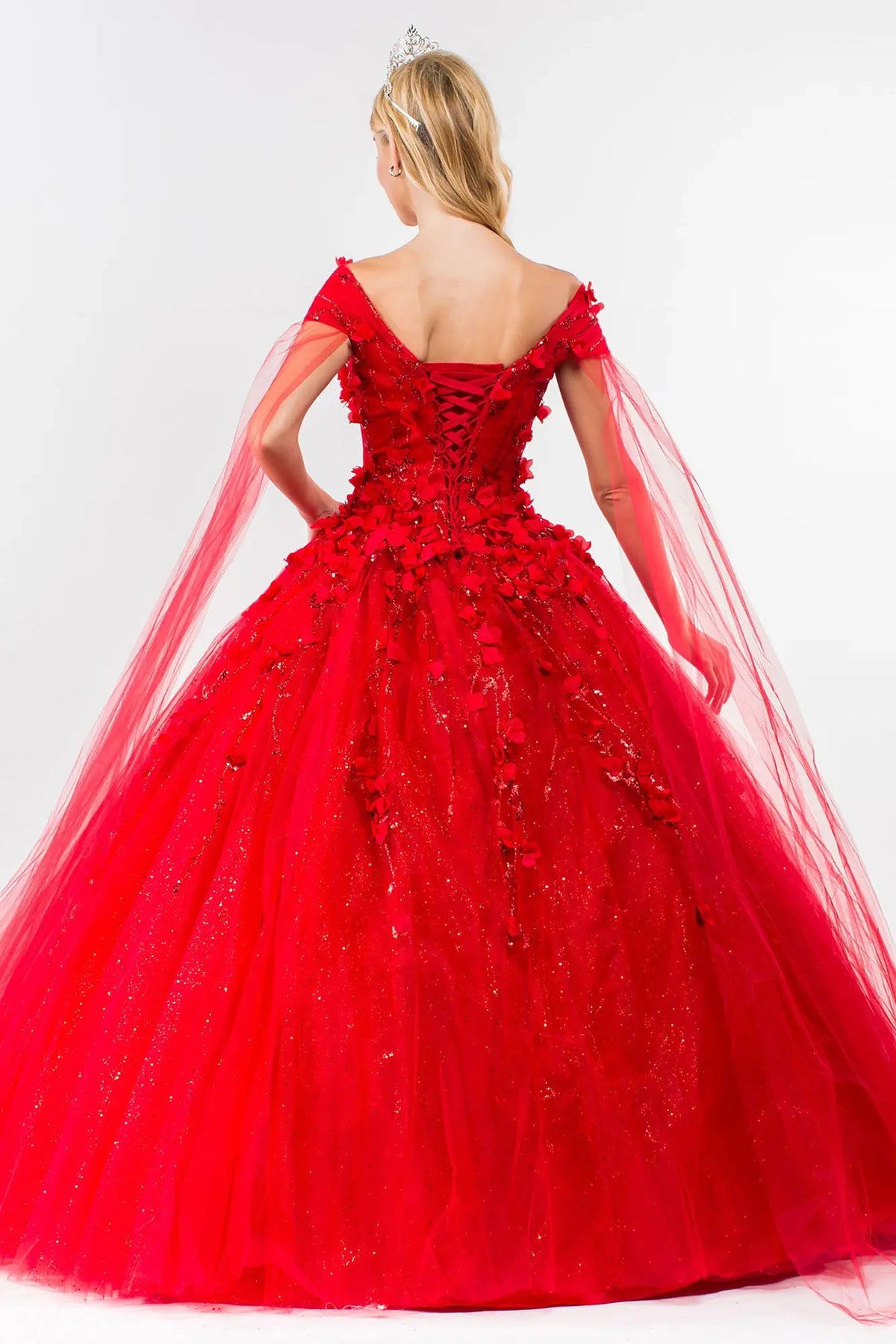 Lace-up back reveals the Red quinceañera ball gown with lace-up back and 3d floral appliqués.