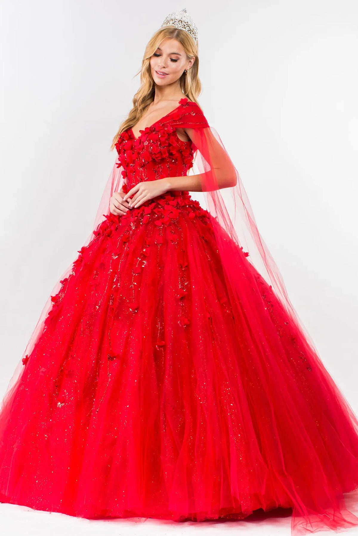 Bodice close-up highlights the Red quinceañera ball gown with 3d floral appliqués.