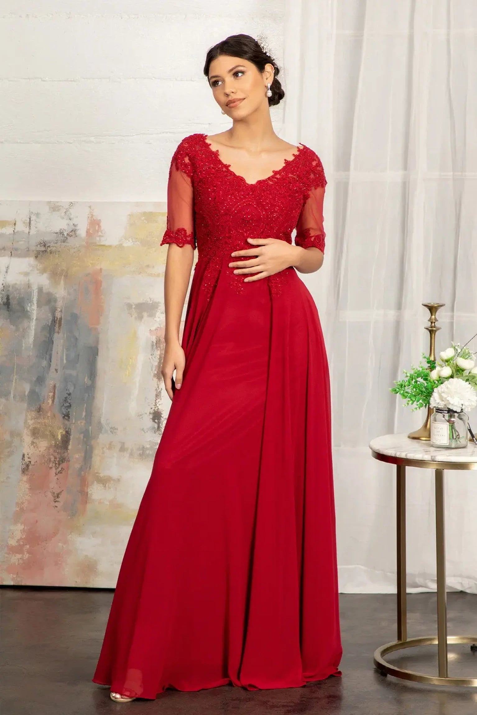 Burgundy chiffon a-line mother of the bride dress with v-neckline