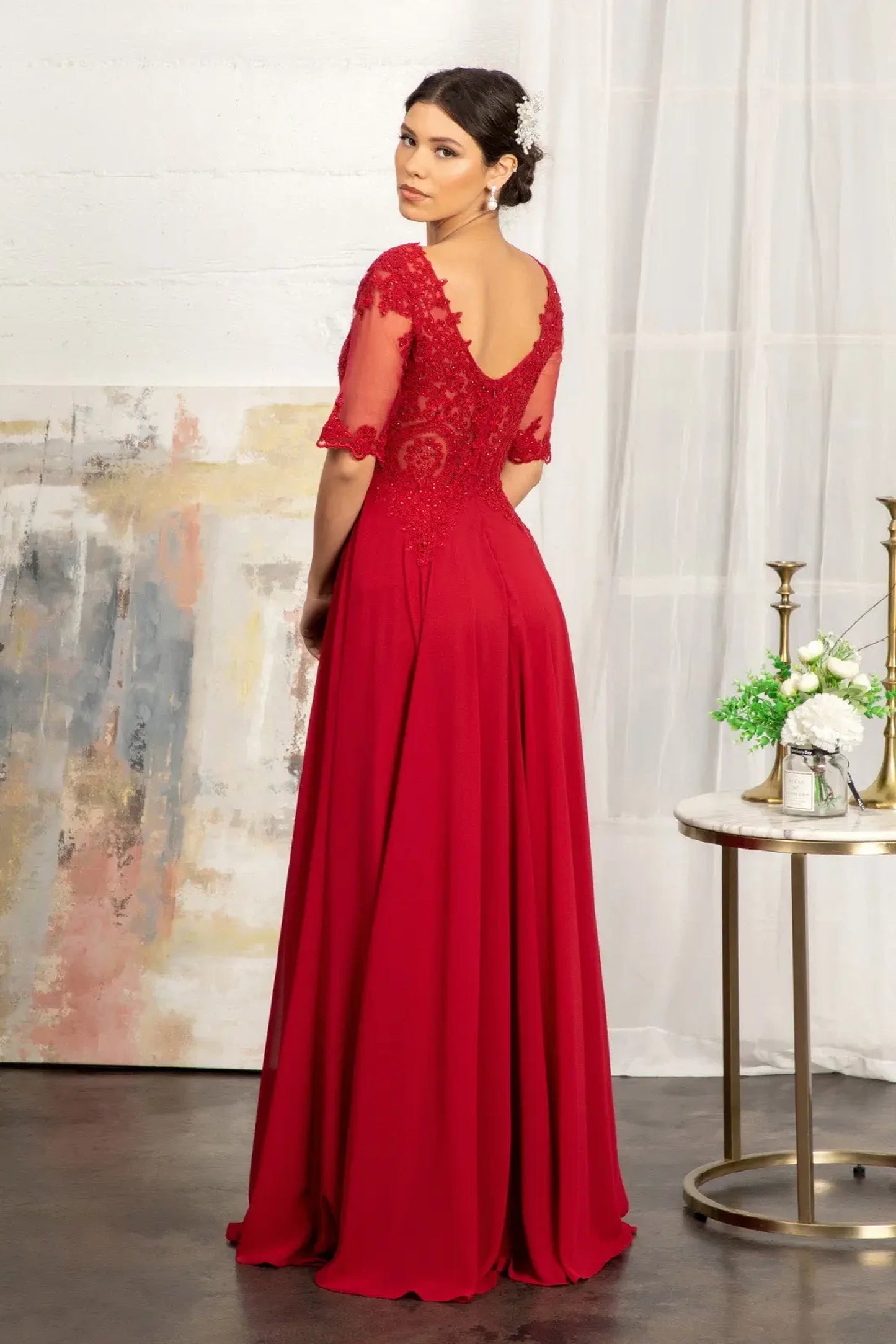 Burgundy a-line mother of the bride dress with v-back with concealed zipper and short sleeves