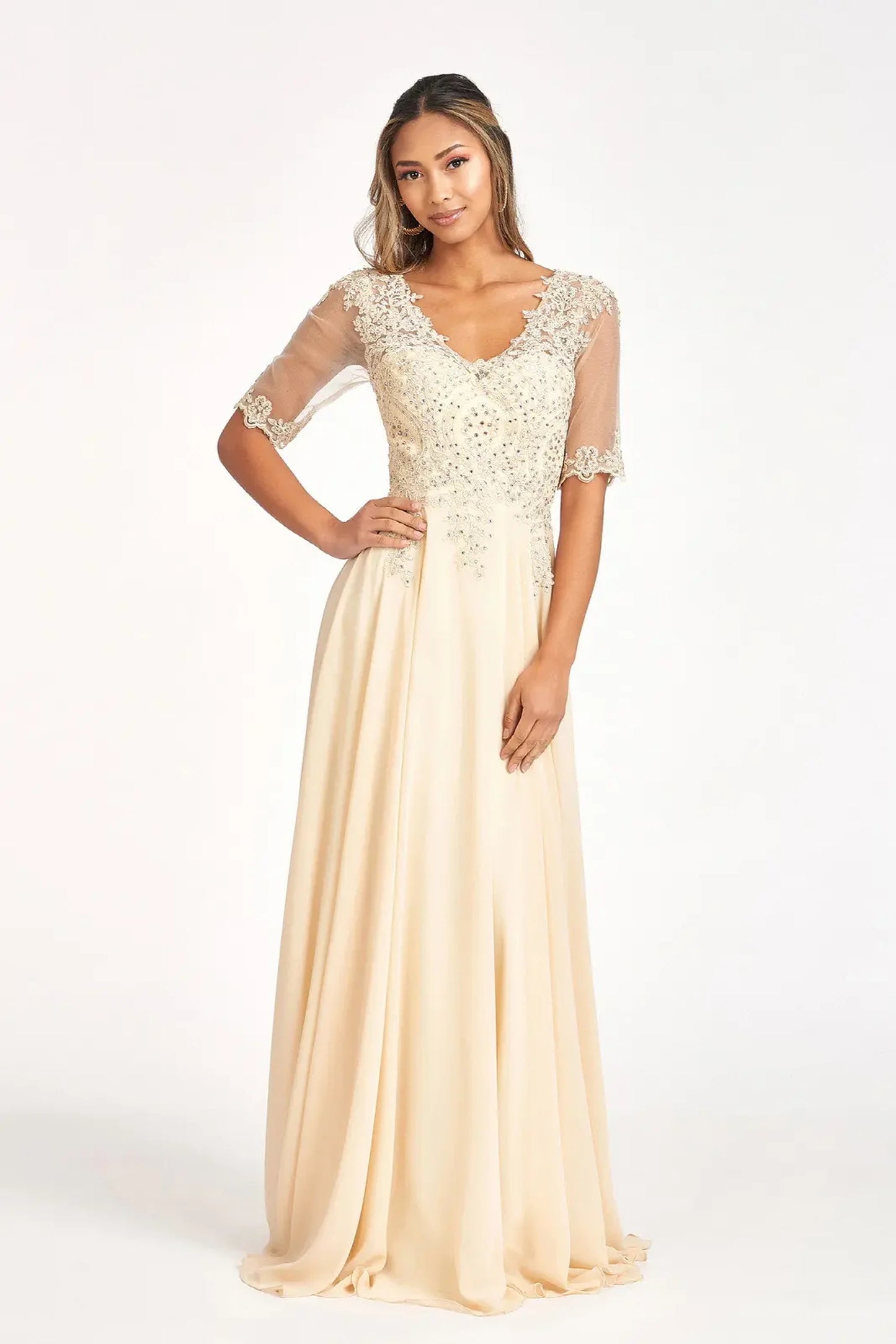 Champagne chiffon a-line mother of the bride dress with v-neckline