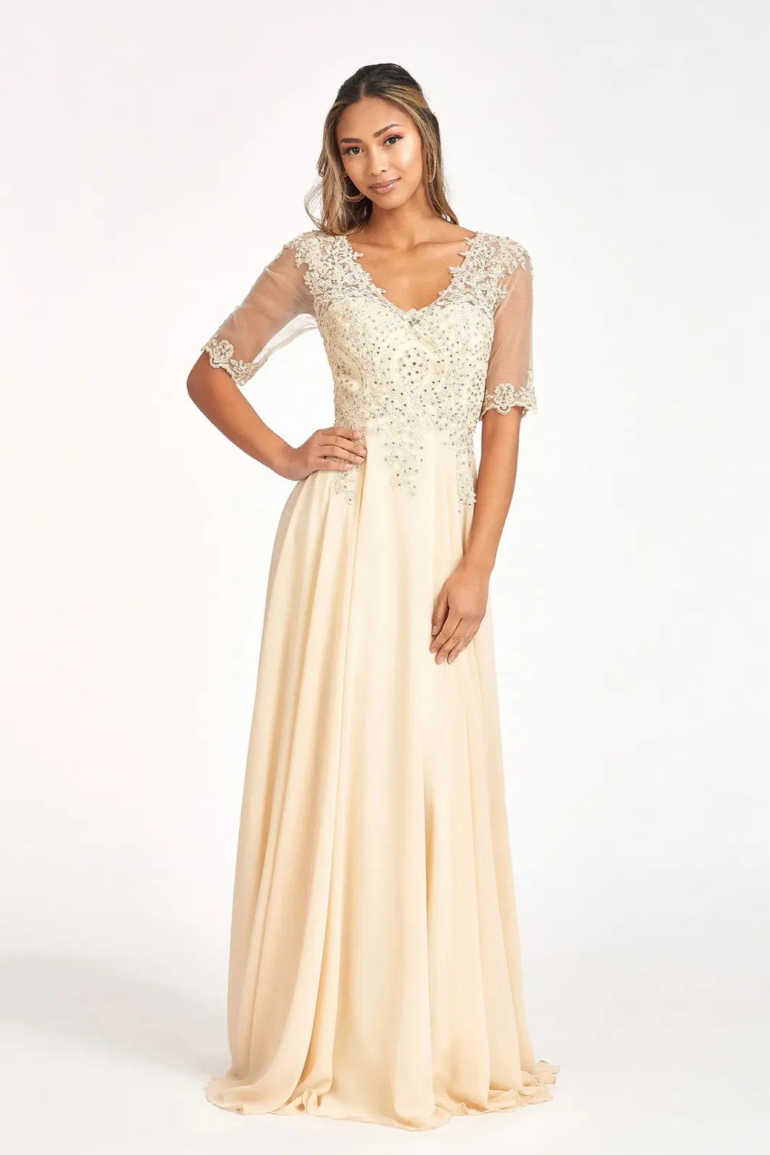 Champagne chiffon a-line mother of the bride dress with v-neckline