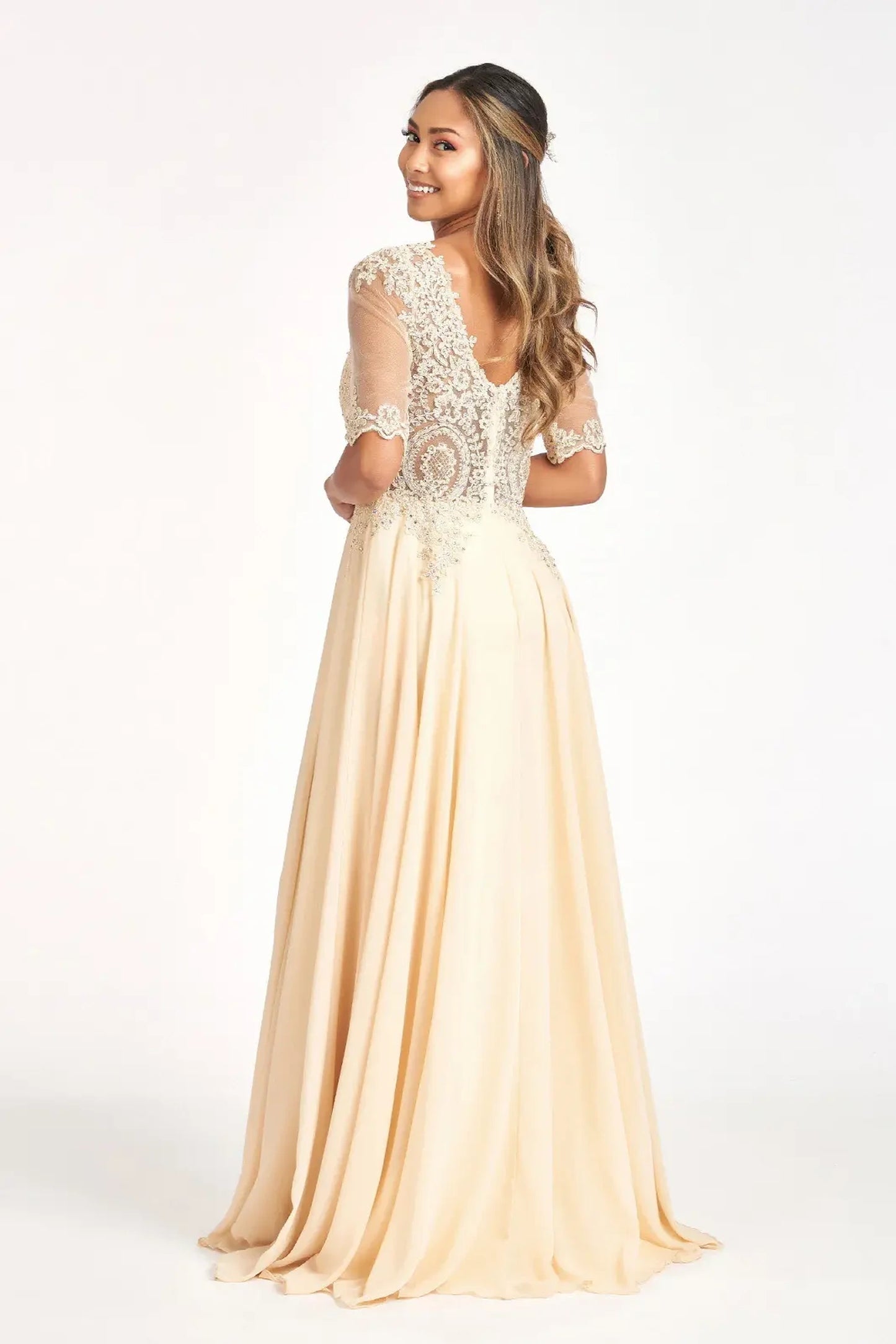Champagne a-line mother of the bride dress with v-back with concealed zipper and short sleeves