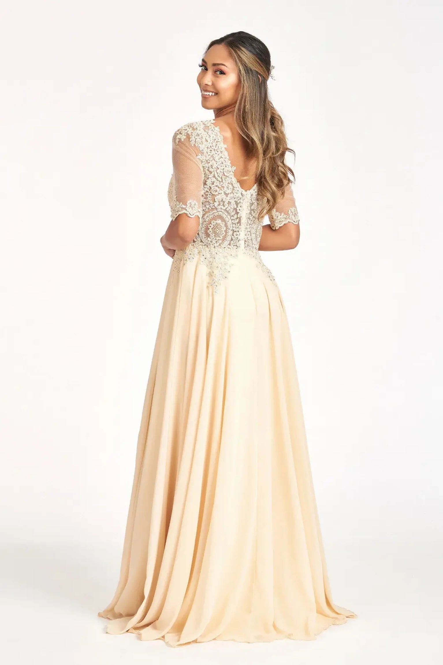 Champagne a-line mother of the bride dress with v-back with concealed zipper and short sleeves