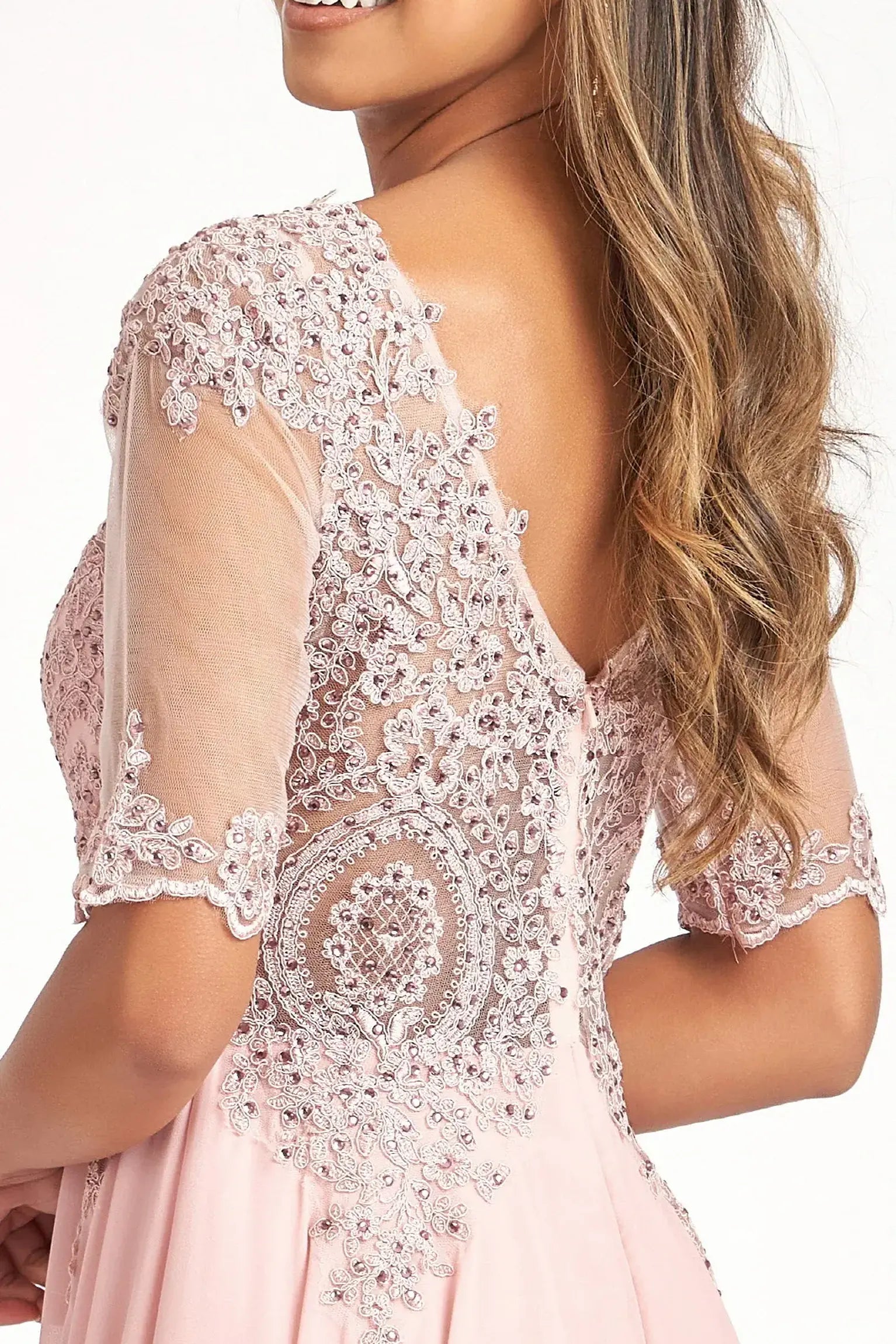 Dusty Rose mother of the bride dress featuring v-back with concealed zipper bodice finished with rhinestones, embroidery, jewels, appliqués