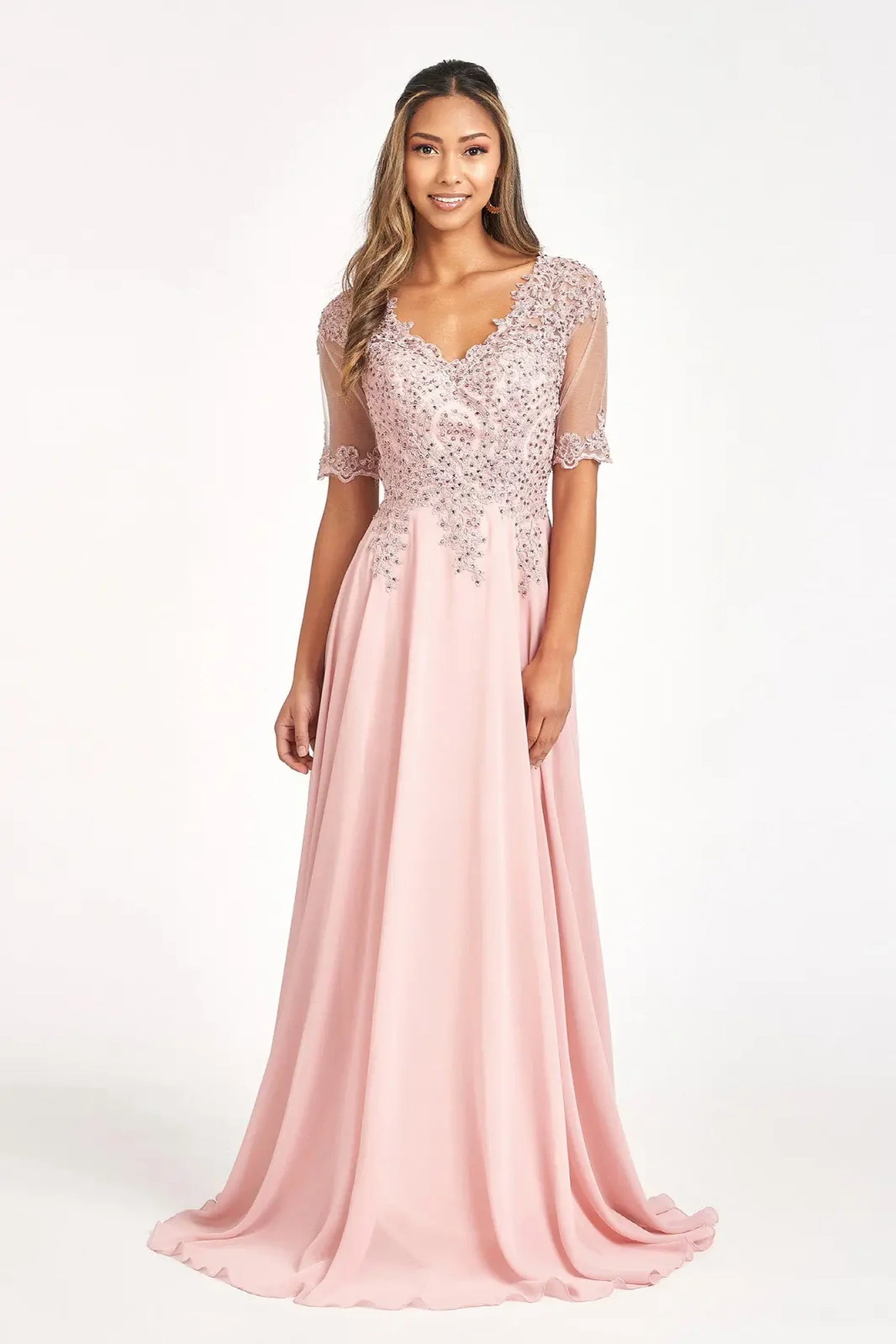Dusty Rose chiffon a-line mother of the bride dress with v-neckline