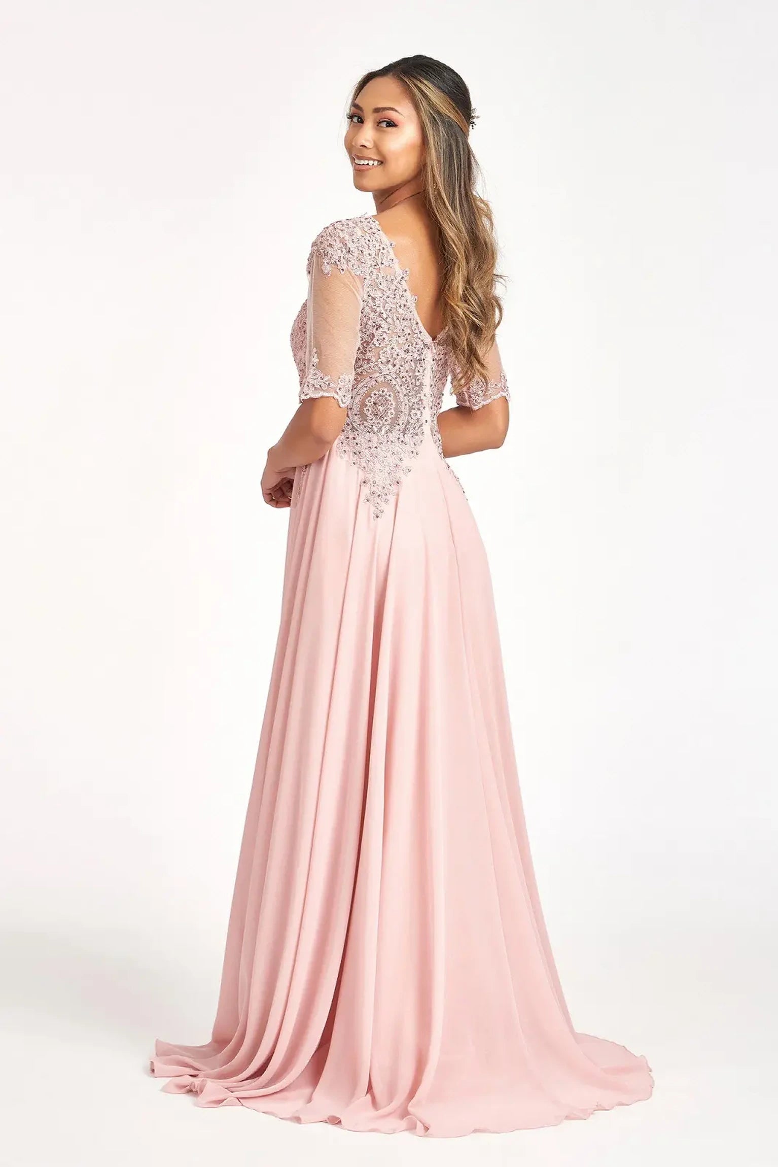 Dusty Rose a-line mother of the bride dress with v-back with concealed zipper and short sleeves
