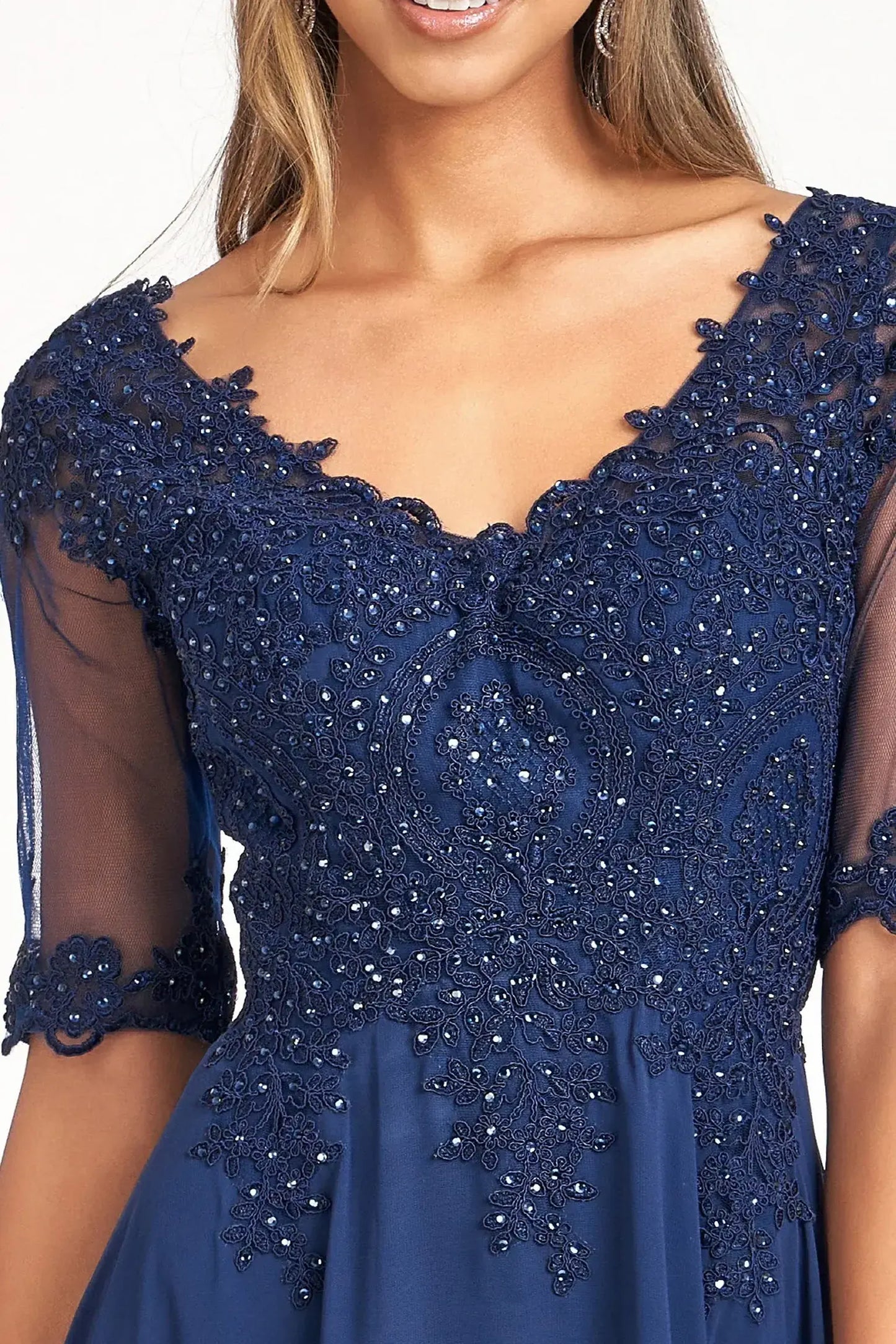 Navy a-line mother of the bride dress with v-back with concealed zipper and short sleeves