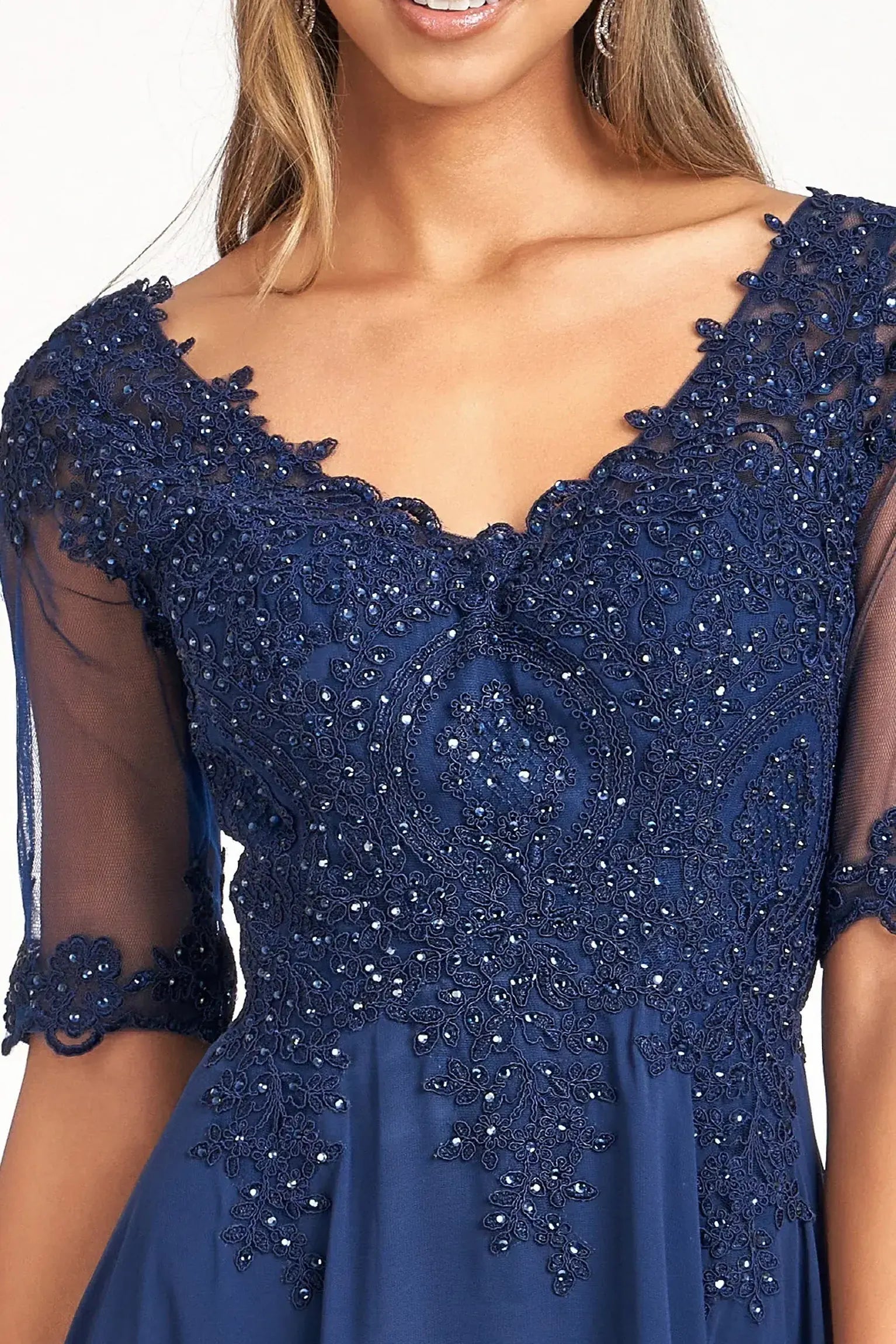 Navy a-line mother of the bride dress with v-back with concealed zipper and short sleeves
