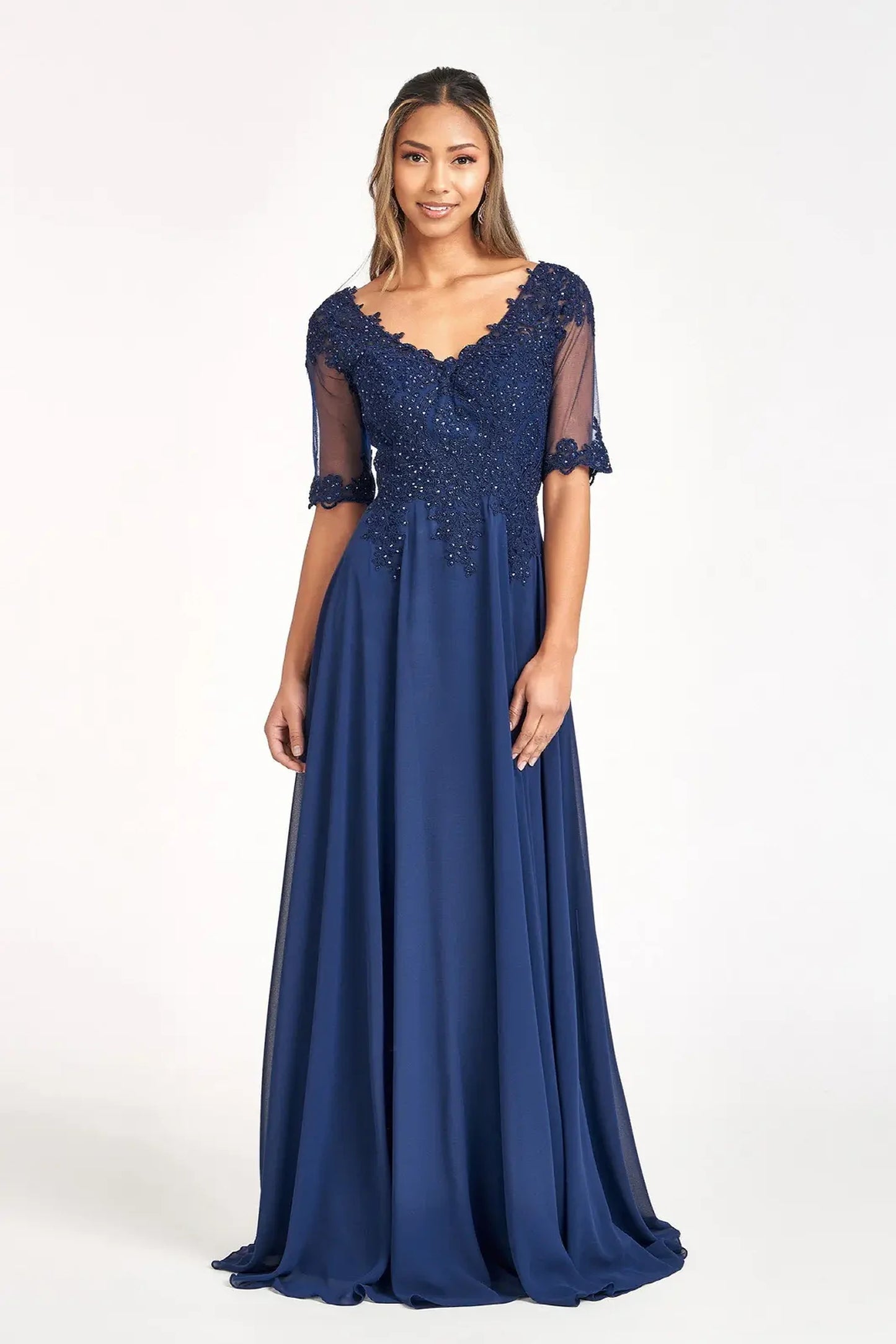 Navy chiffon a-line mother of the bride dress with v-neckline