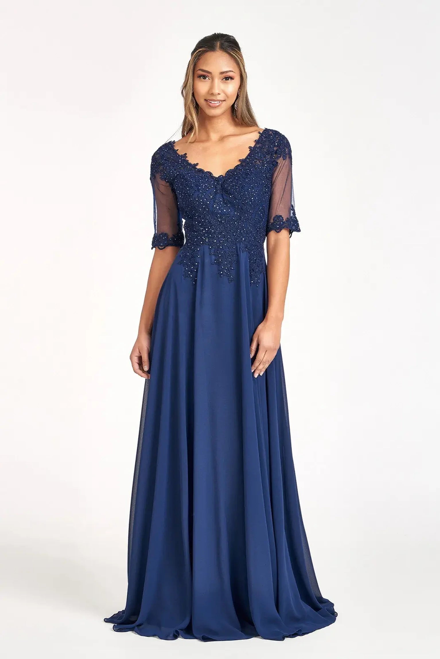 Navy chiffon a-line mother of the bride dress with v-neckline