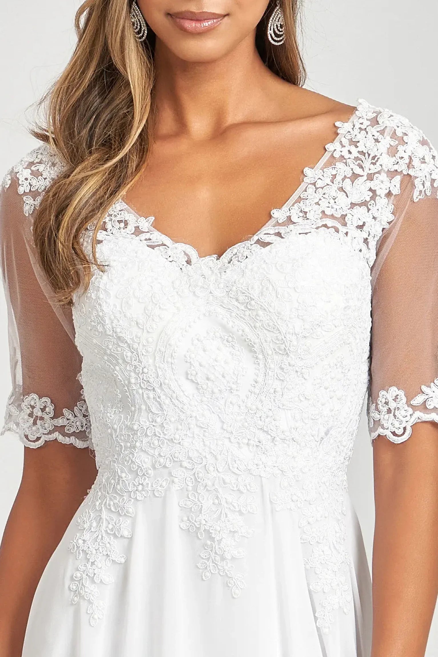 Off White a-line mother of the bride dress with v-back with concealed zipper and short sleeves