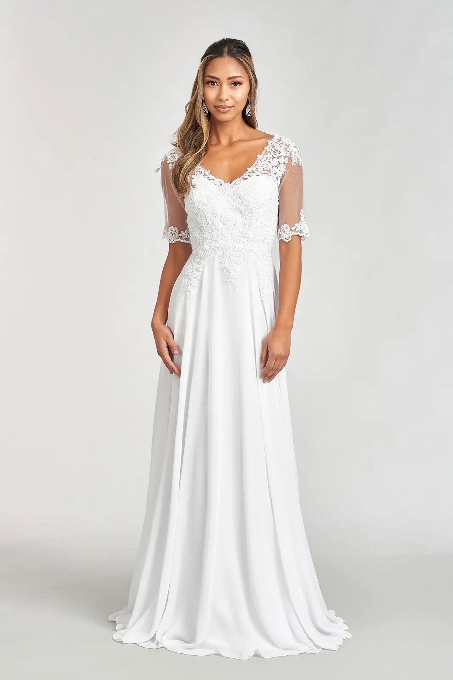 Off White chiffon a-line mother of the bride dress with v-neckline