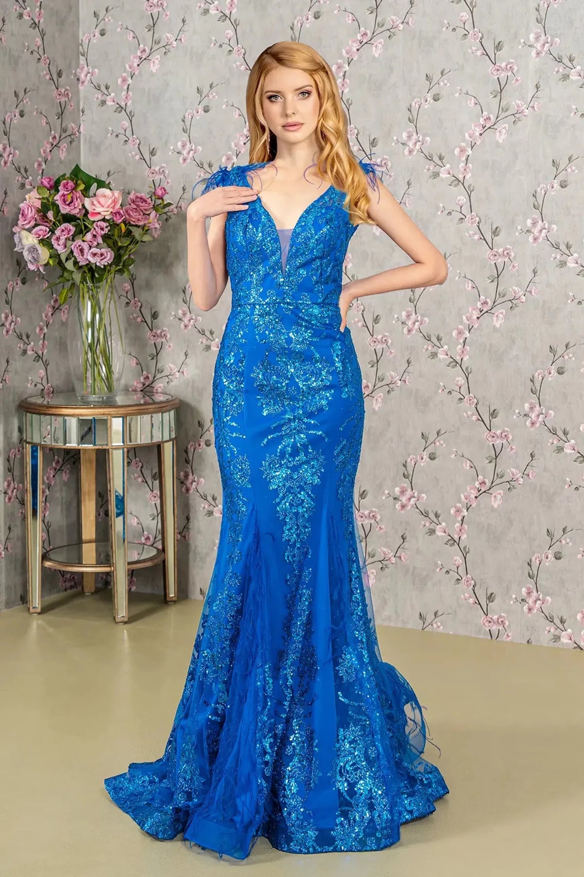 Royal Blue sequin prom evening dress full front