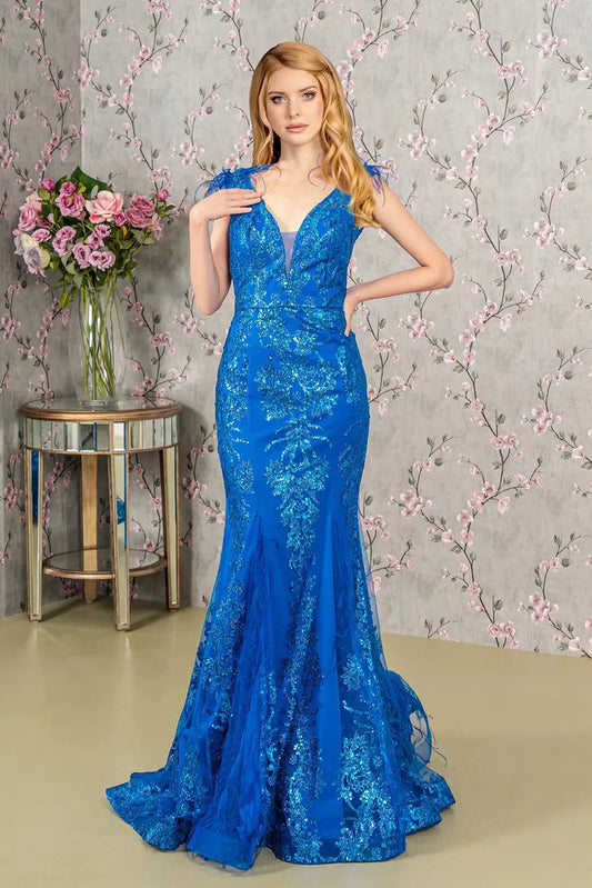 Full-length front view shows sequin styling on the Royal Blue prom evening dress.