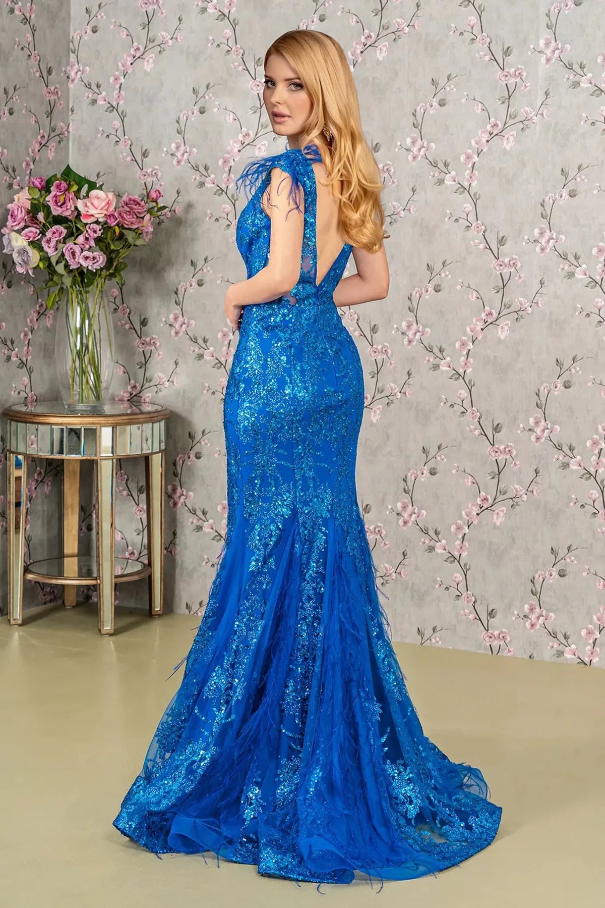 Royal Blue prom evening dress full back with open back