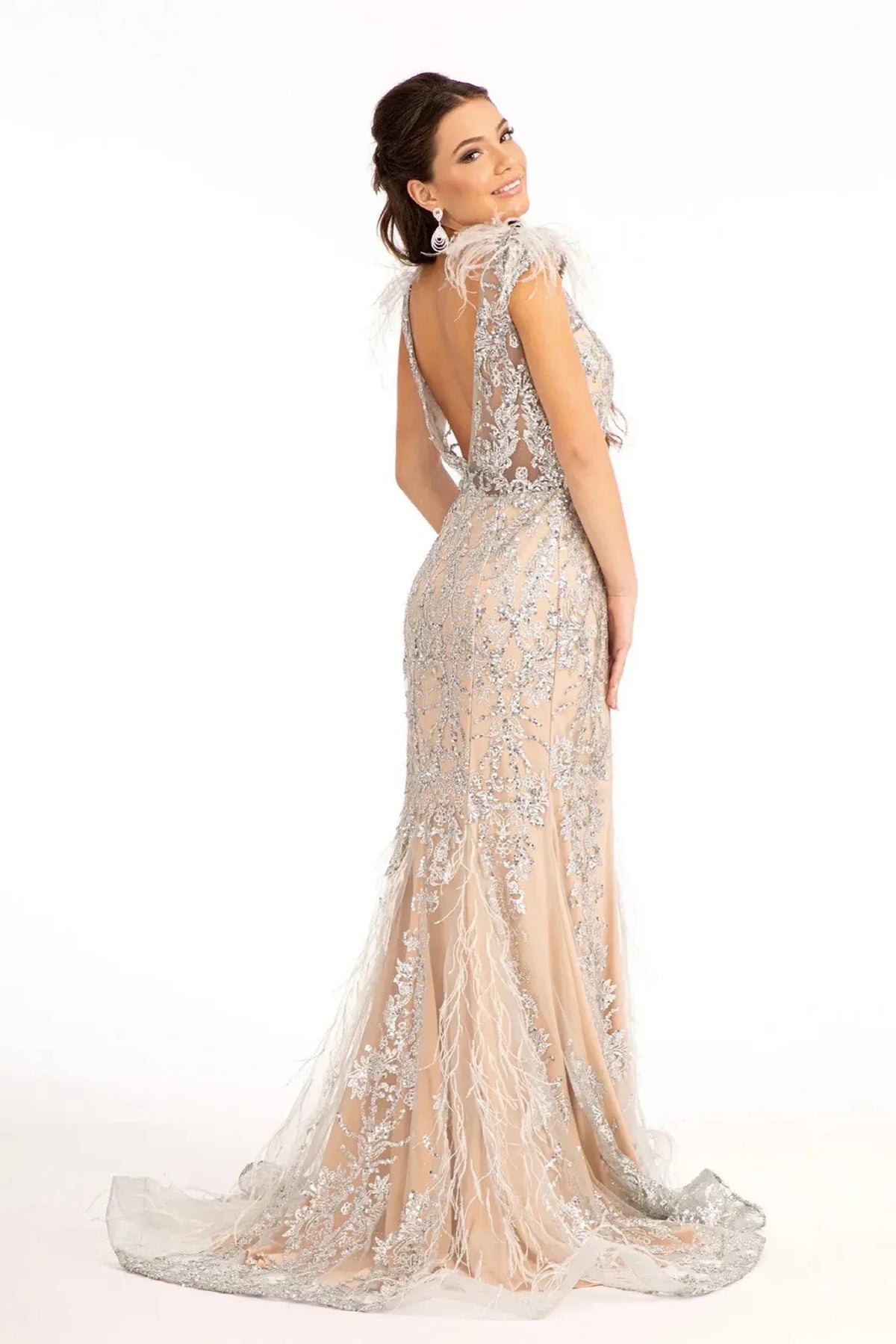 Silver/Nude prom evening dress full back with open back