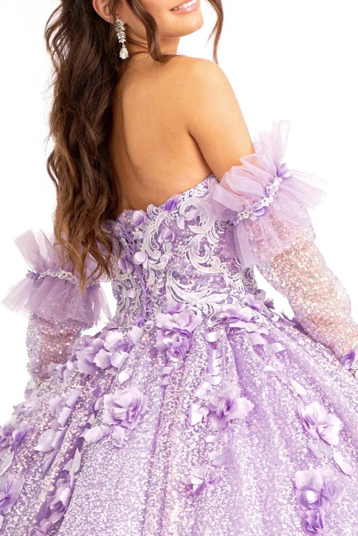 Full-length view presents the Lilac quinceañera ball gown with 3d floral appliqués.
