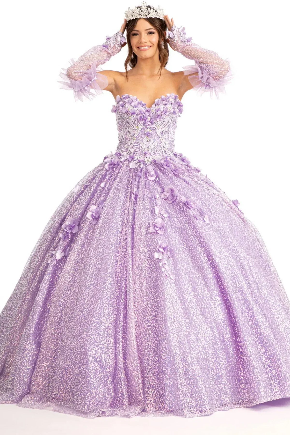Lace-up back reveals the Lilac quinceañera ball gown with lace-up back and detachable long sleeves.