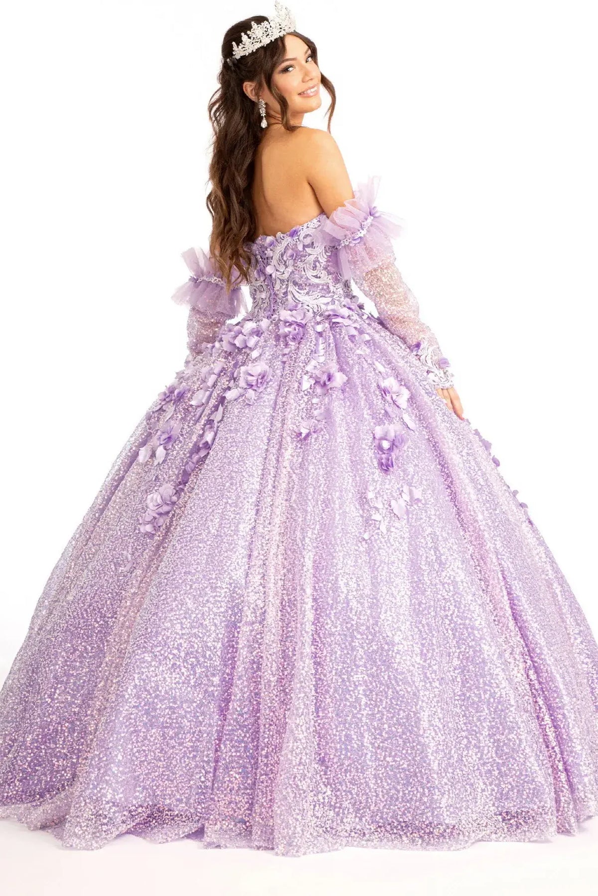 Bodice close-up highlights the Lilac quinceañera ball gown with detachable long sleeves.