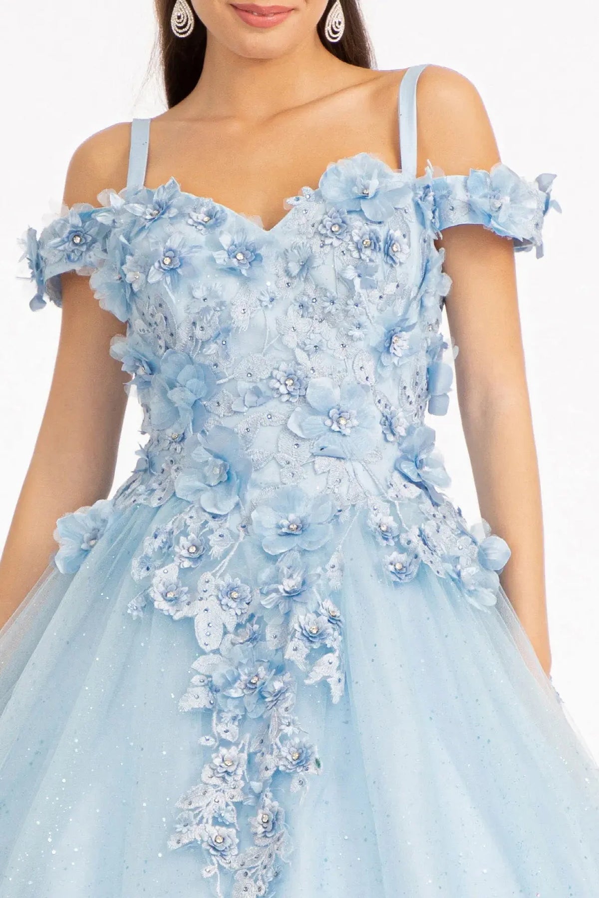 Full-length view presents the Baby Blue quinceañera ball gown with 3d floral appliqués.
