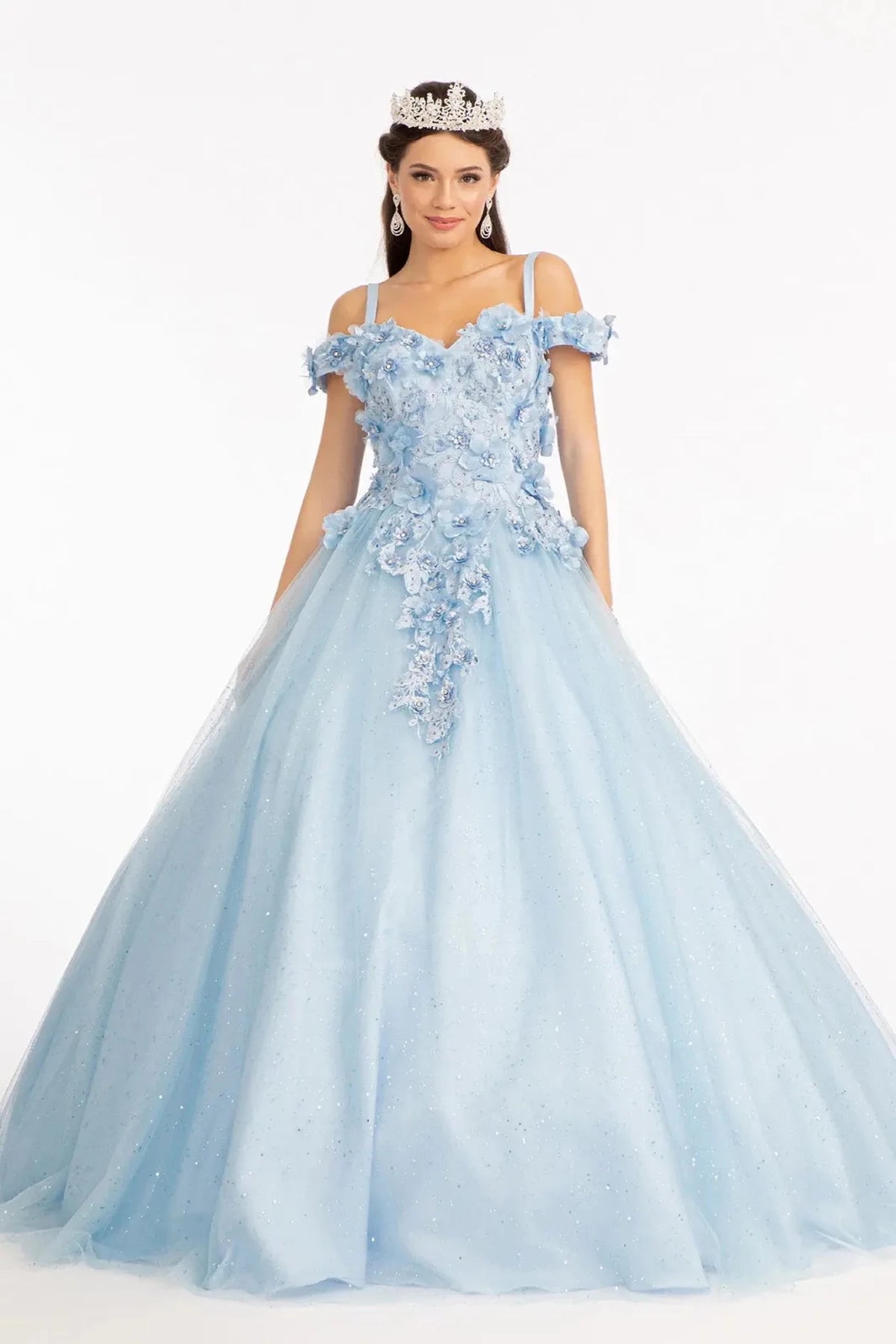 Lace-up back reveals the Baby Blue quinceañera ball gown with lace-up back and glitter mesh skirt.