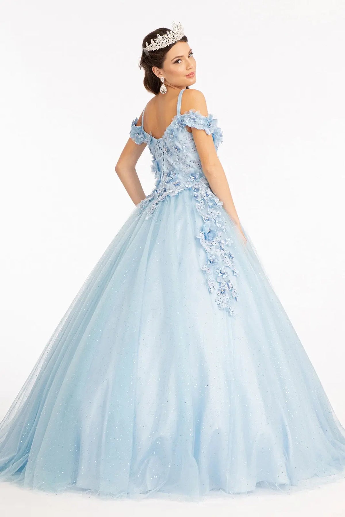 Bodice close-up highlights the Baby Blue quinceañera ball gown with glitter mesh skirt.