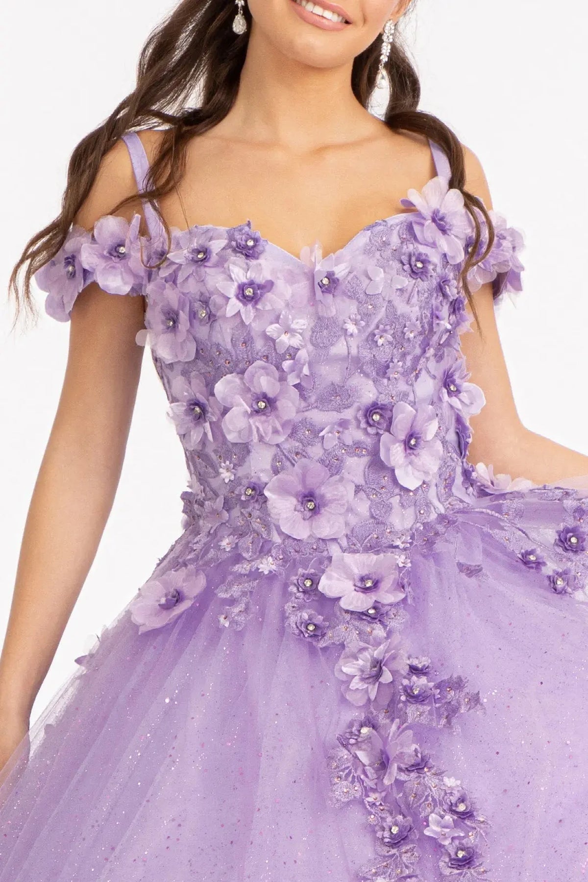 Full-length view presents the Lilac quinceañera ball gown with 3d floral appliqués.