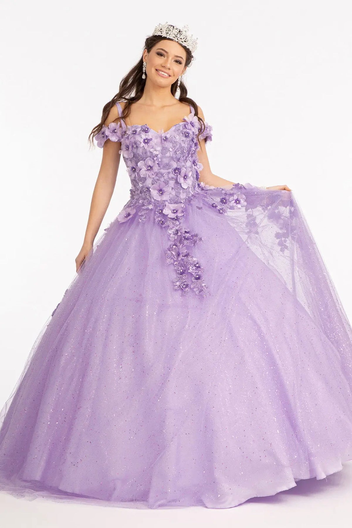 Lace-up back reveals the Lilac quinceañera ball gown with lace-up back and glitter mesh skirt.