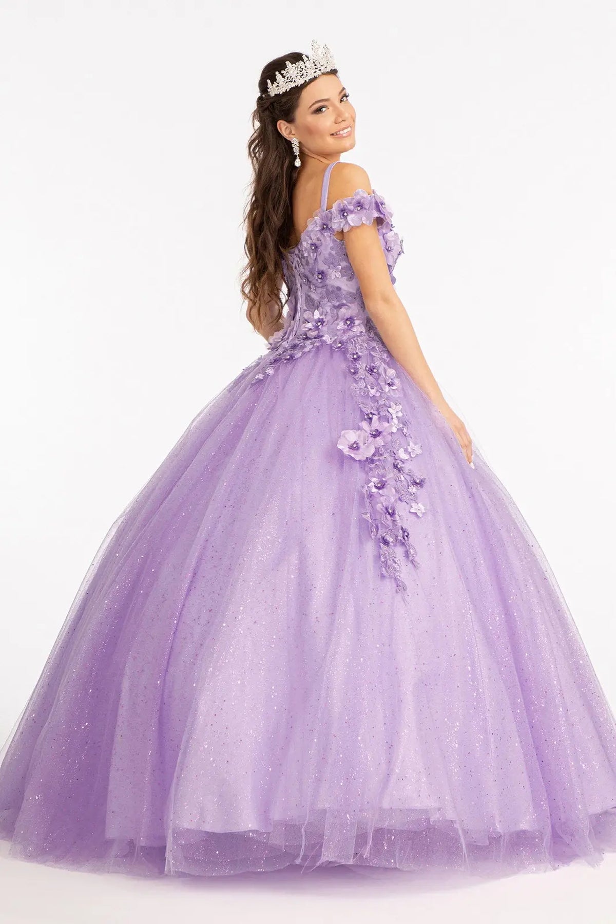 Bodice close-up highlights the Lilac quinceañera ball gown with glitter mesh skirt.
