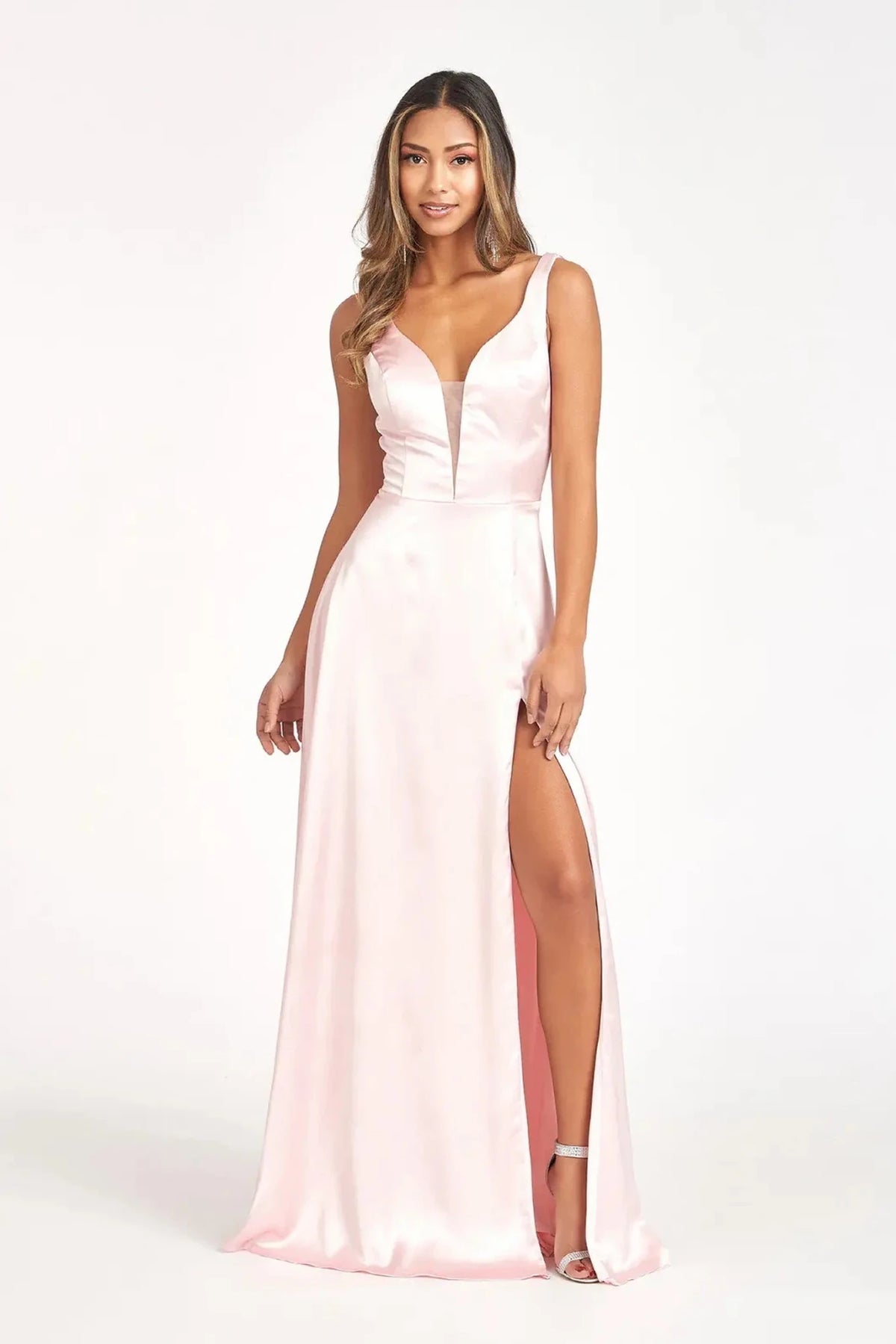 Blush sheer prom evening dress full front