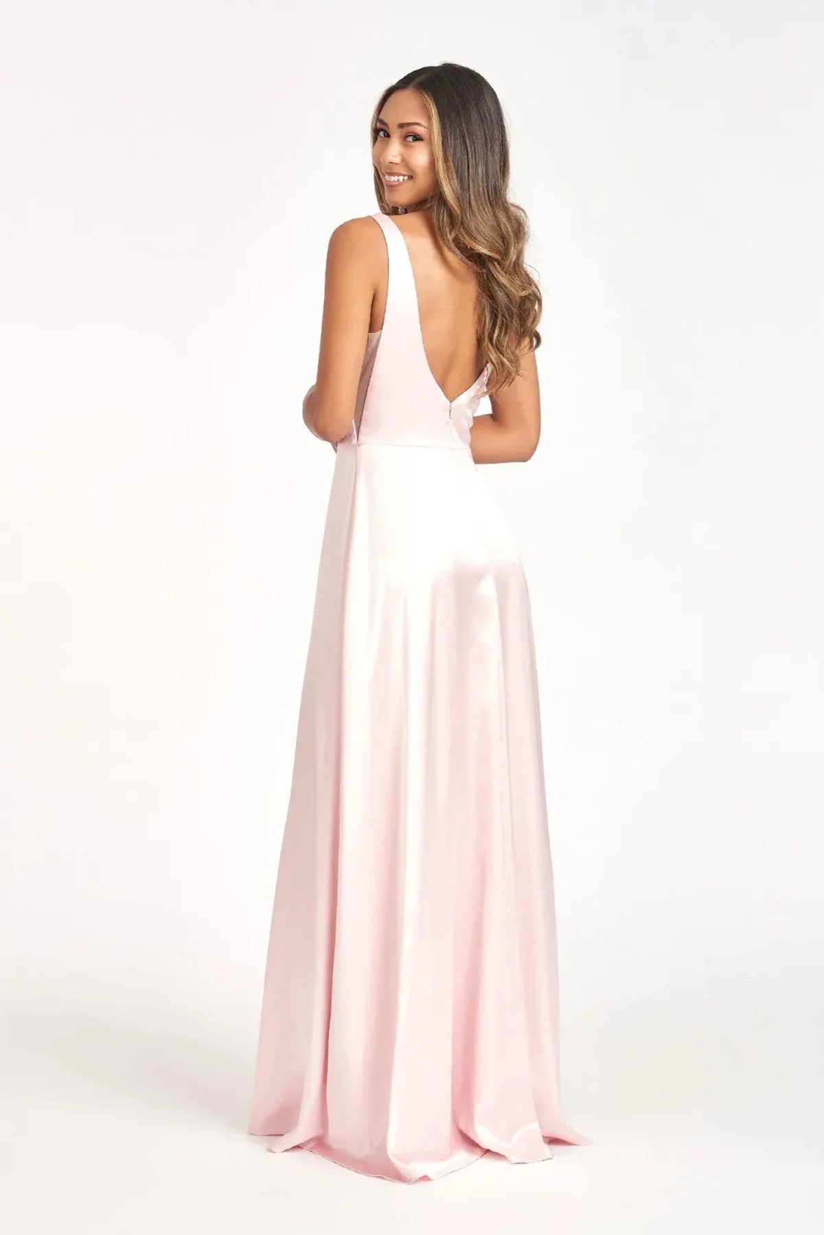 Blush v-neck prom evening dress upper front with sheer detail, v-neck