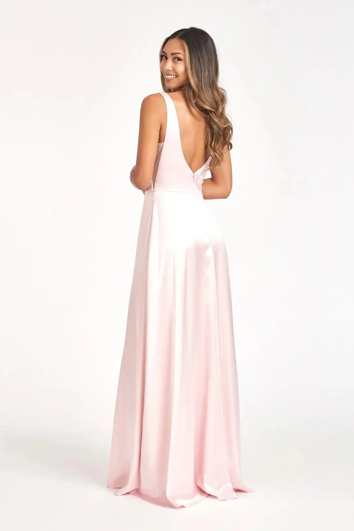 Blush prom evening dress satin train detail