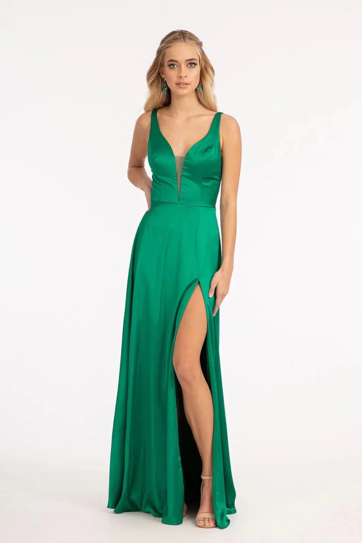 Emerald Green sheer prom evening dress full front
