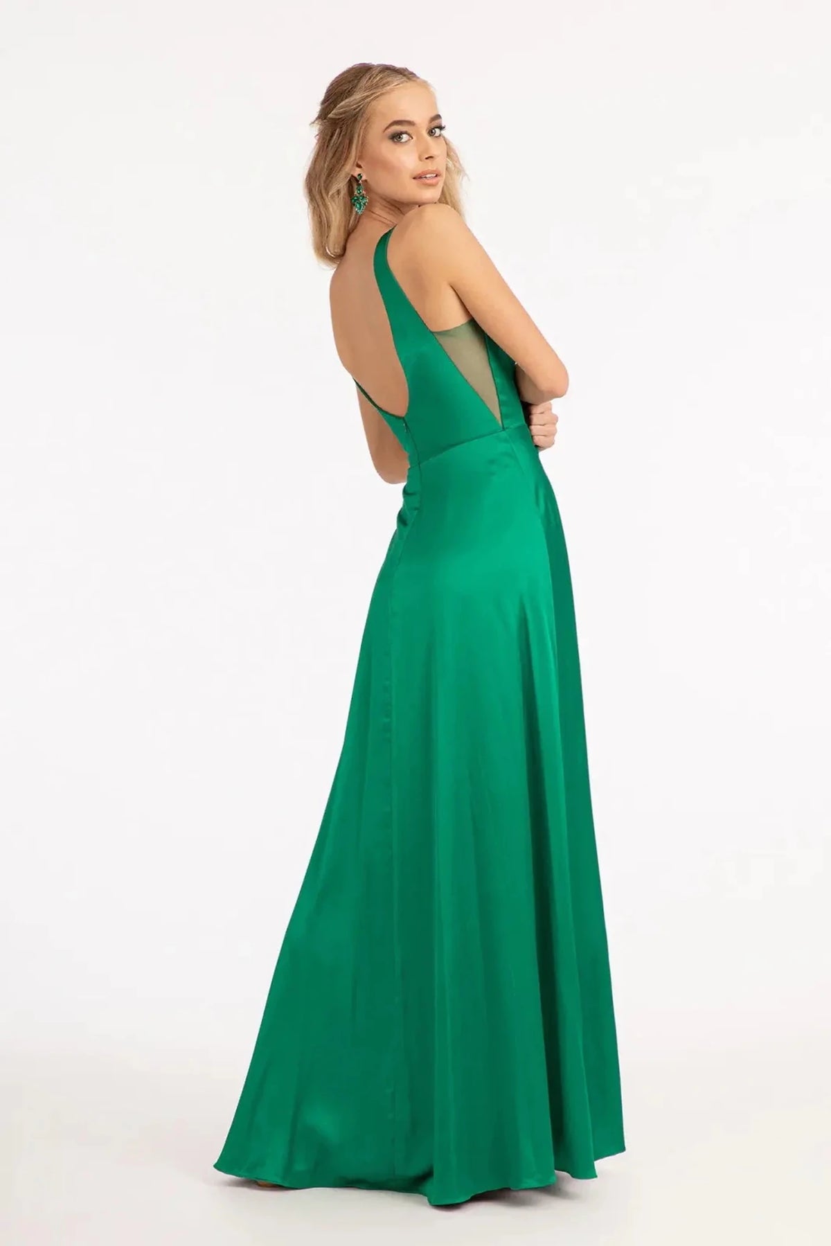Emerald Green prom evening dress full back with open back