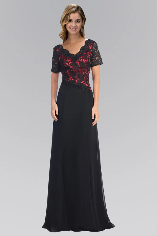 Back detail shows black/Fuchsia beading formal dress back bodice detail.