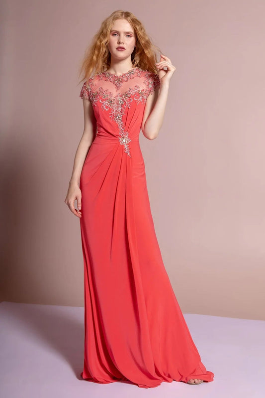 Side profile shows dark Coral beading formal dress side detail.