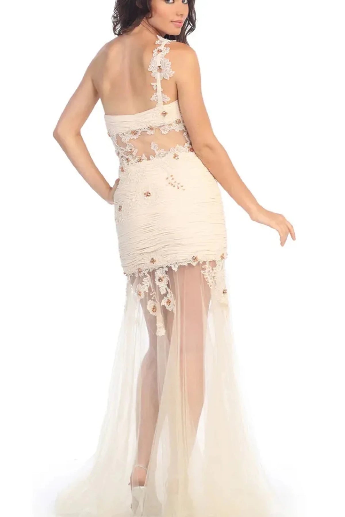 Beige prom evening dress full back with open back