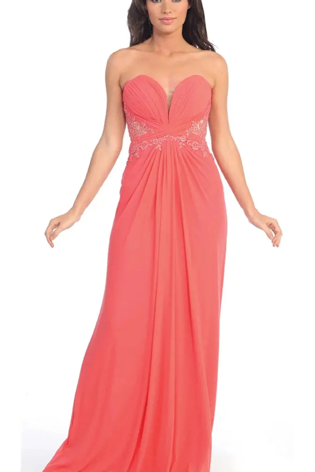 Coral appliqué strapless prom evening dress full front