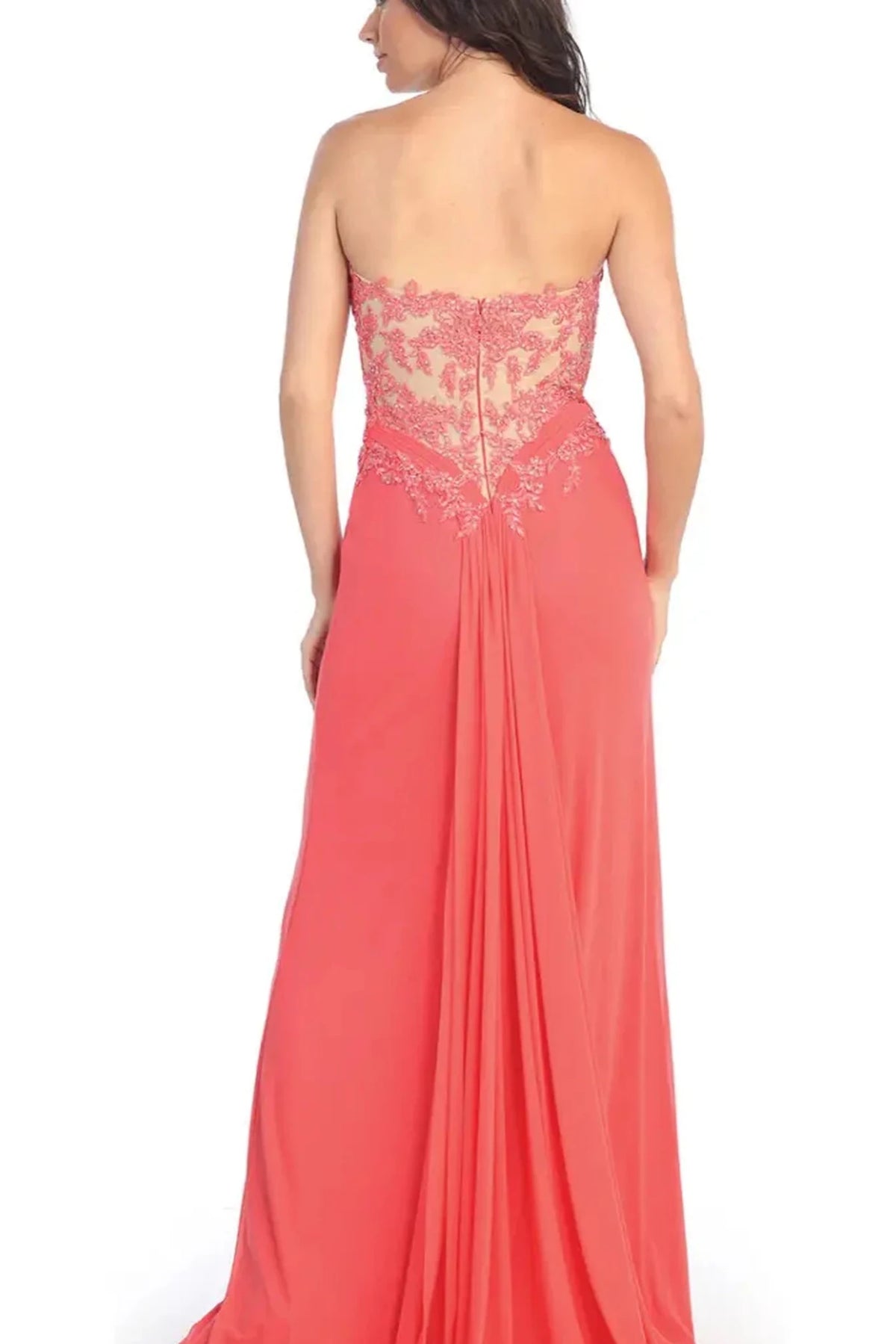 Coral prom evening dress full back with open back