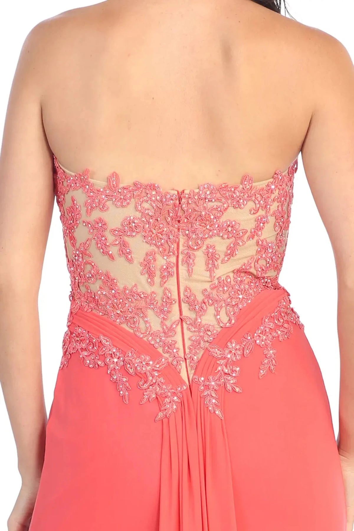 Coral prom evening dress trumpet skirt detail