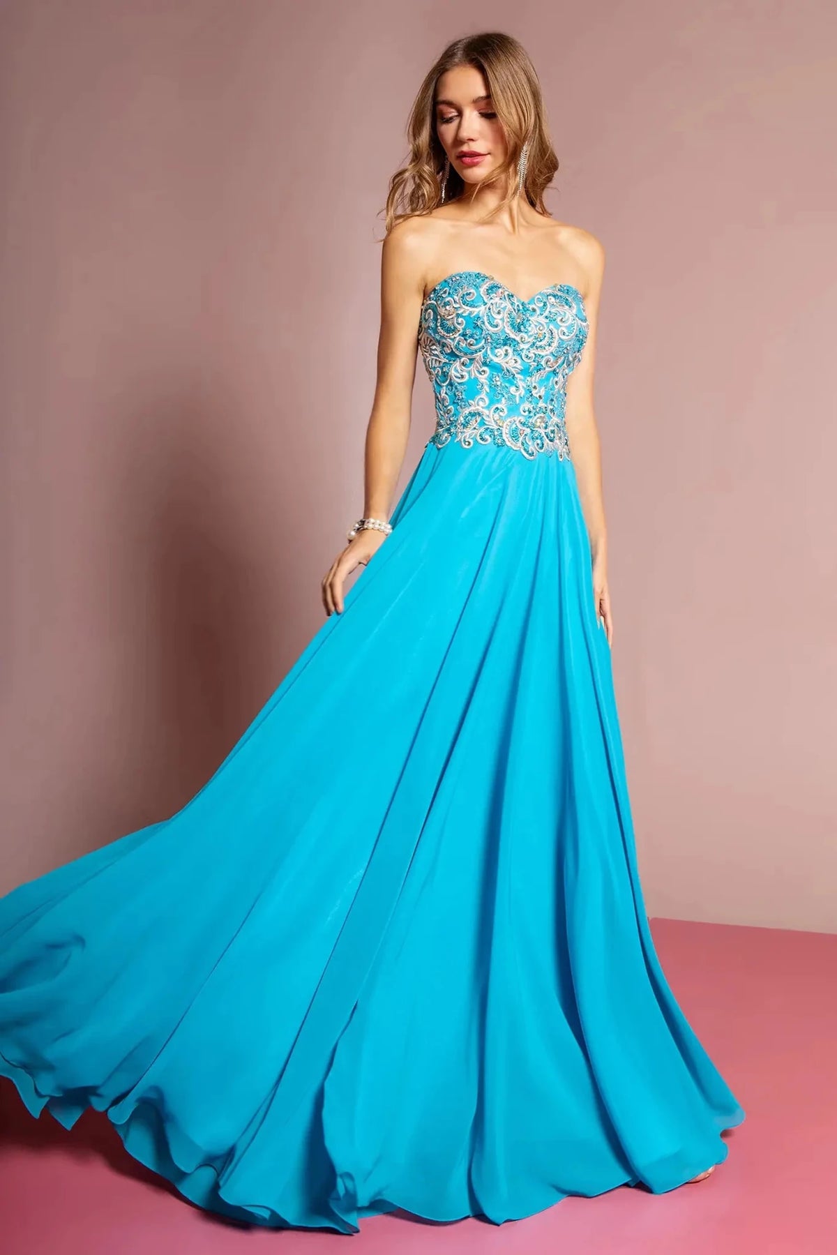 Aqua embroidered strapless prom evening dress full front