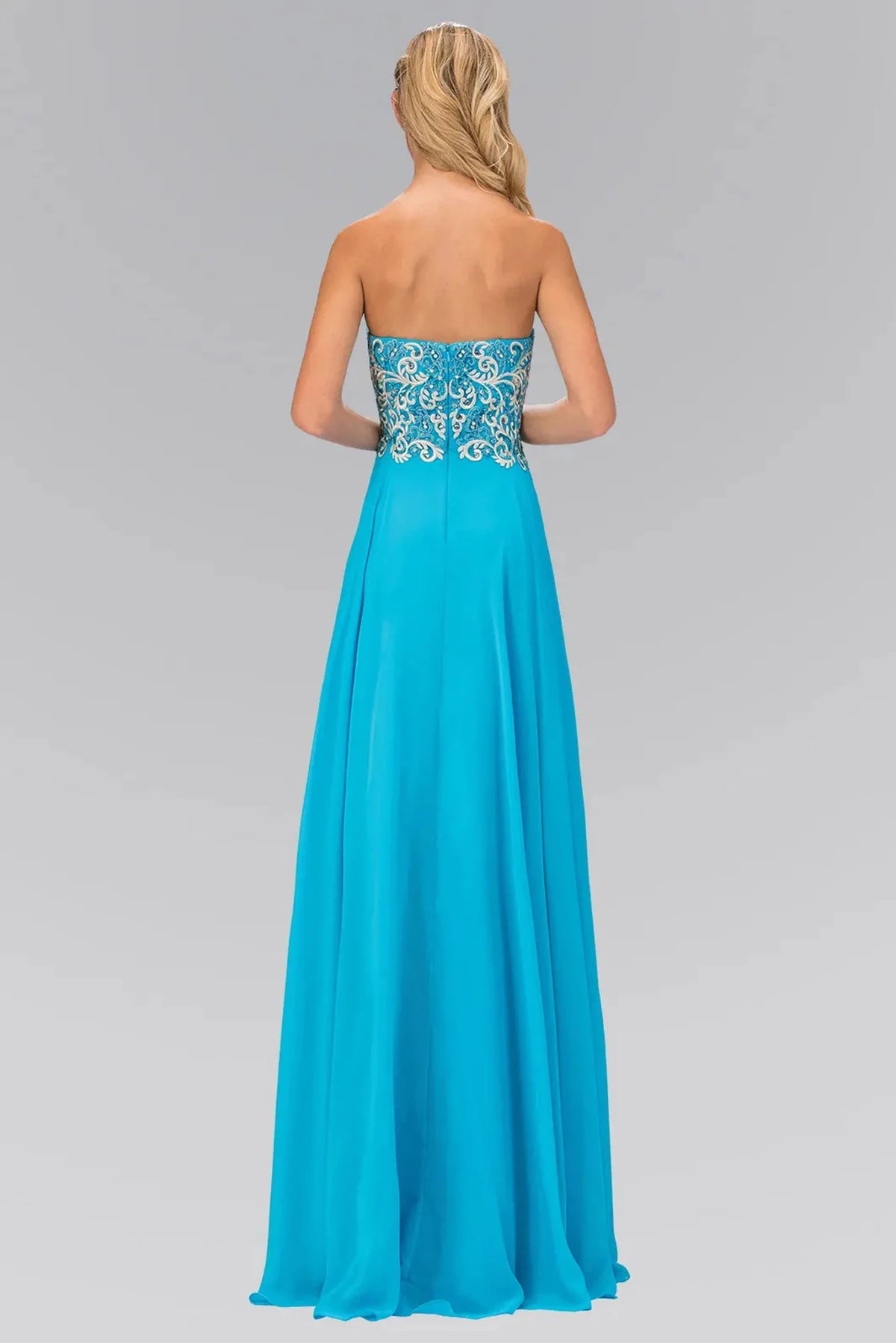 Aqua prom evening dress full back with open back