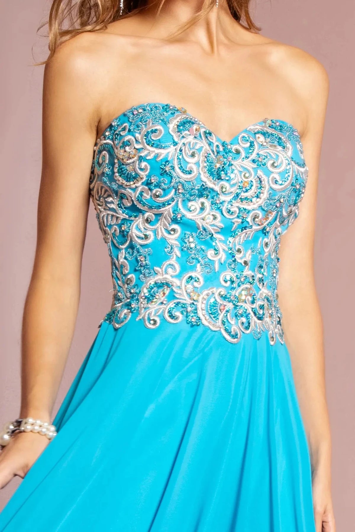 Aqua sweetheart prom evening dress upper front with beads, embroidery