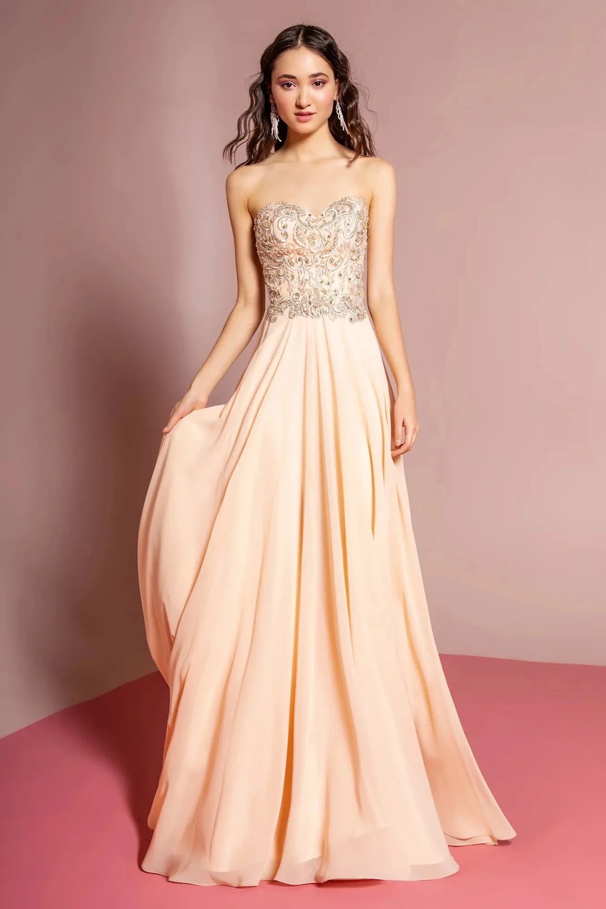 Peach embroidered strapless prom evening dress full front