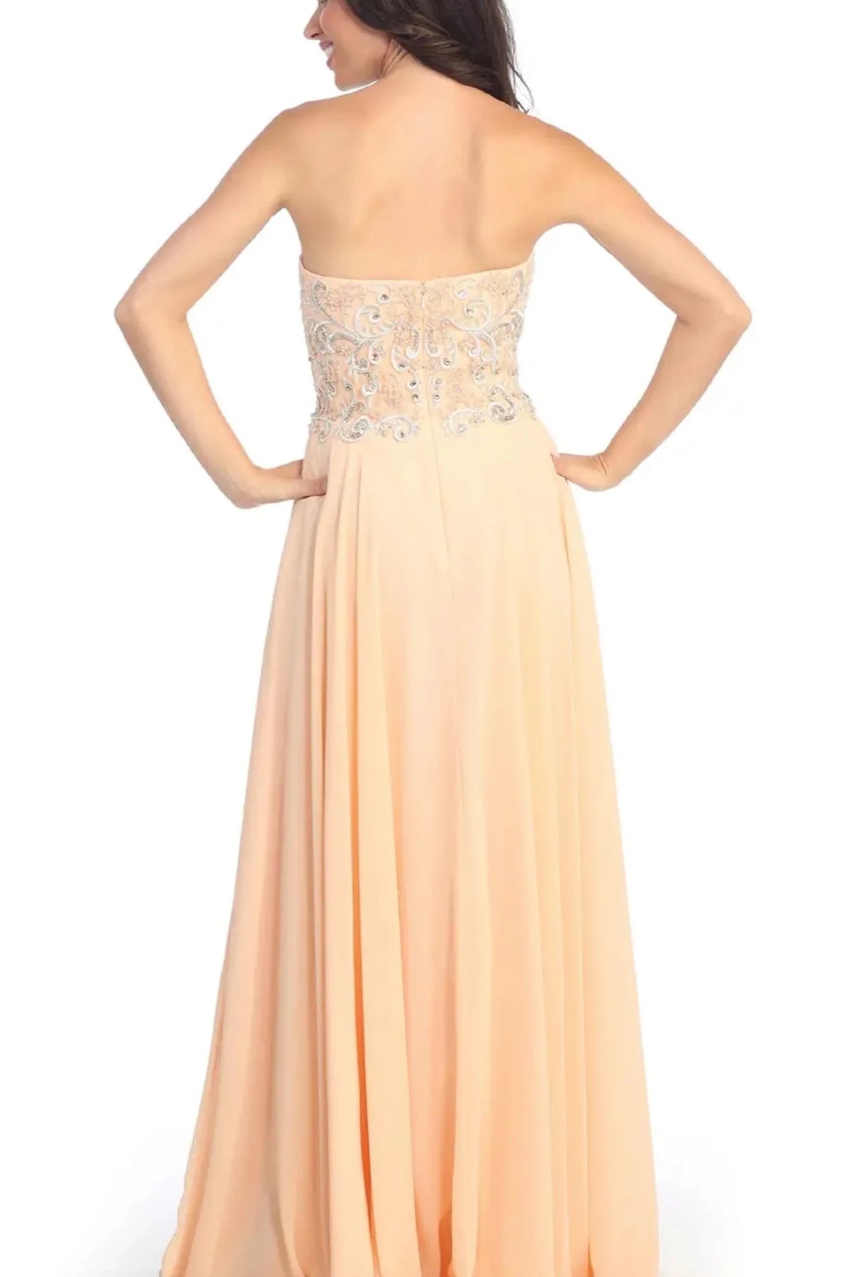Peach prom evening dress full back with open back