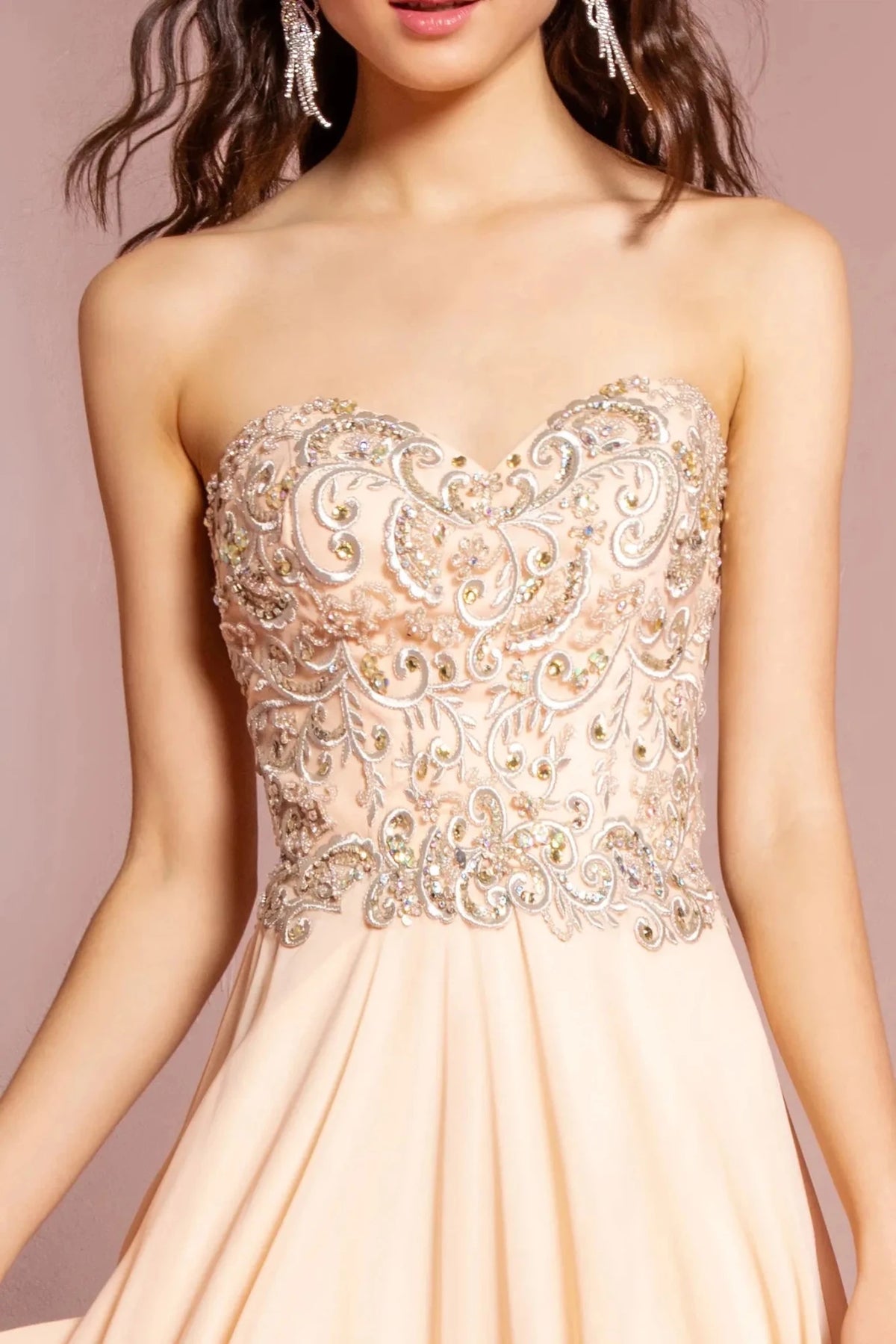 Peach sweetheart prom evening dress upper front with beads, embroidery
